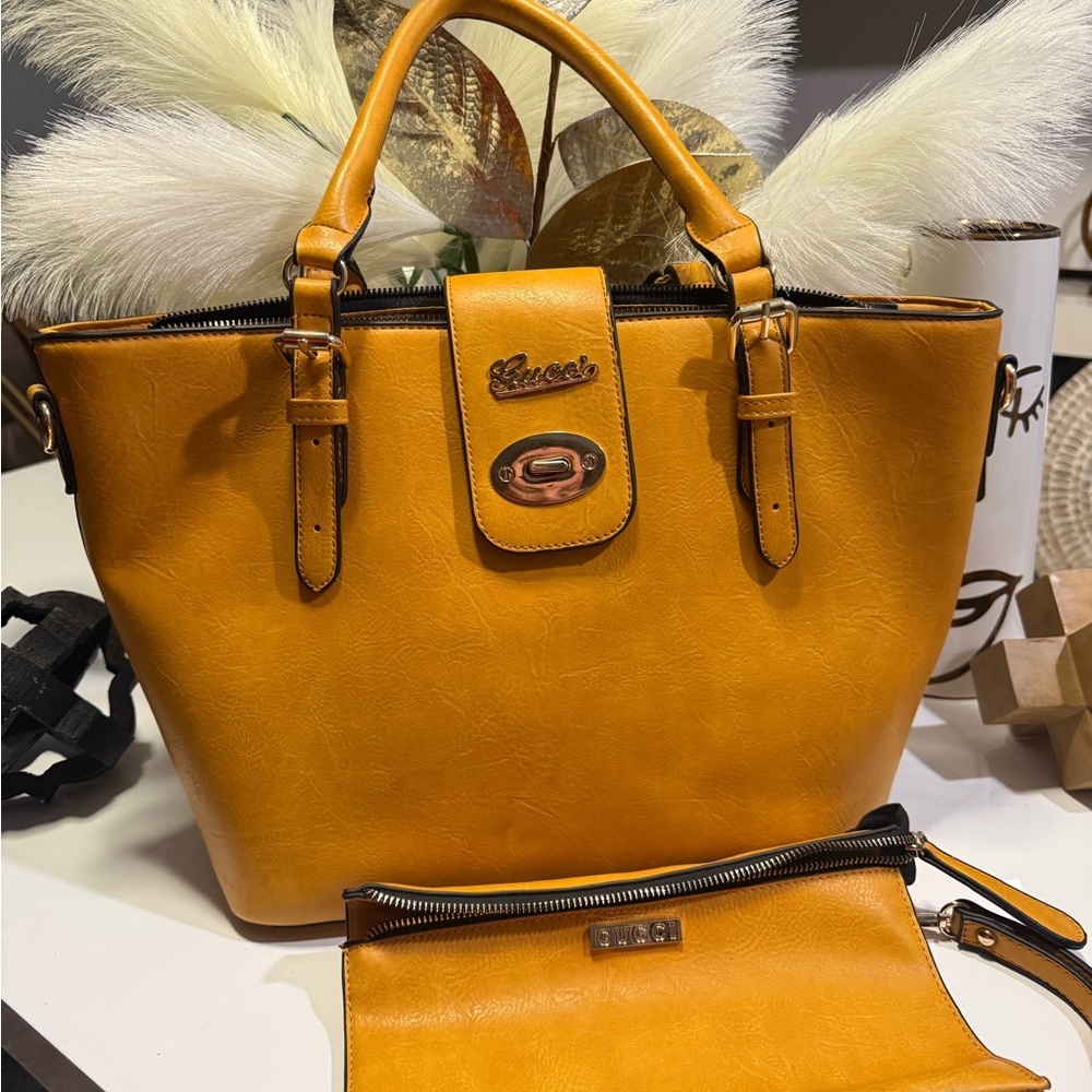 Chic Mustard Tote Bag with Pouch